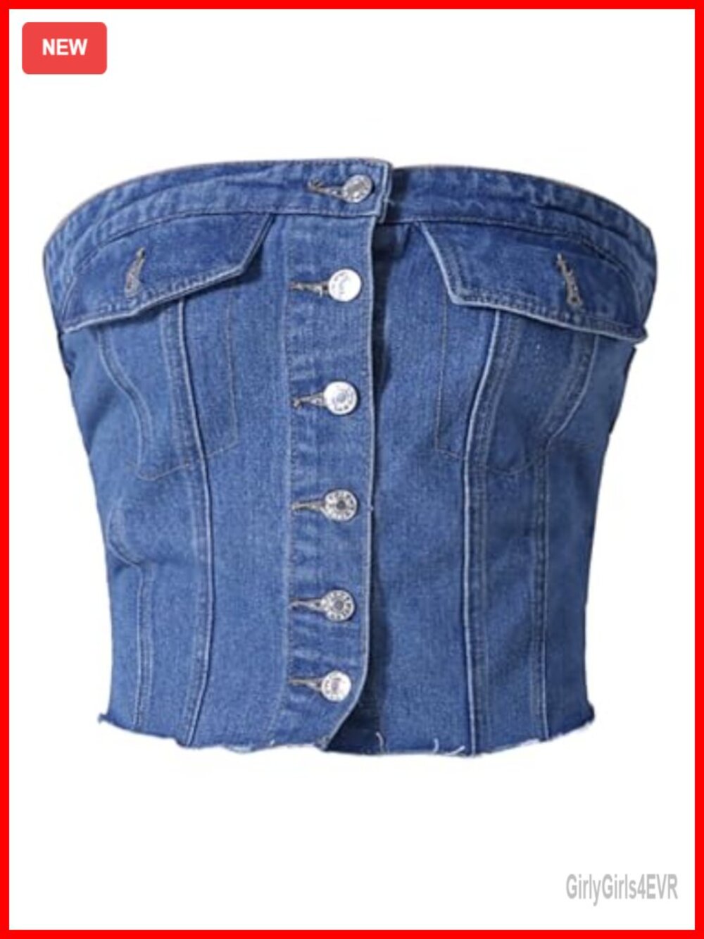 Denim Tube Top Button Front Raw Hem Smocked Crop Strapless Top